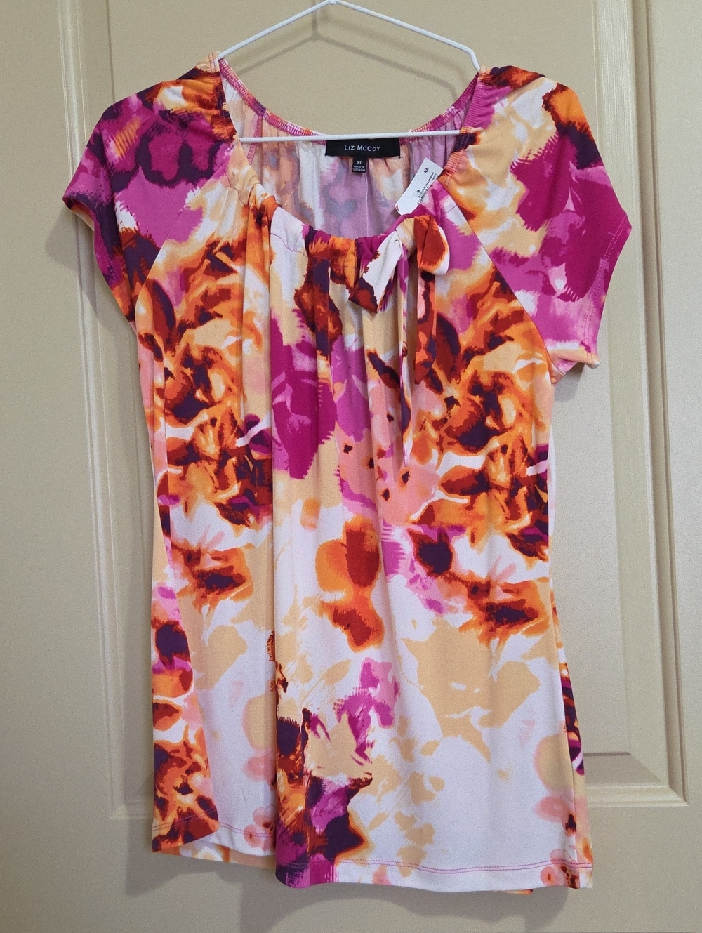 Liz Mccoy Pink Orange Floral Short Sleeve Top